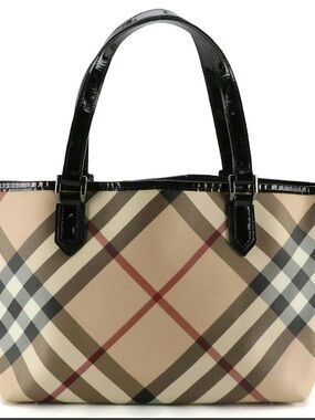 Burberry Nickie Tote in Supernova Check Canvas w/Black Glossy Leather Top Handle